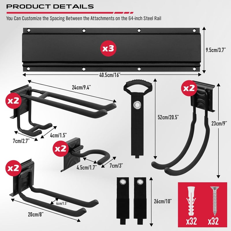 SEDY 48" Heavy Duty Garage Wall Organizer, Wall Mount Tool Storage Rack with Adjustable Hooks, Garden Tool Organizer Hold Up to 300lbs, Easy Installation (3 Panels, 8 Hooks, 3 Straps) - Image 2
